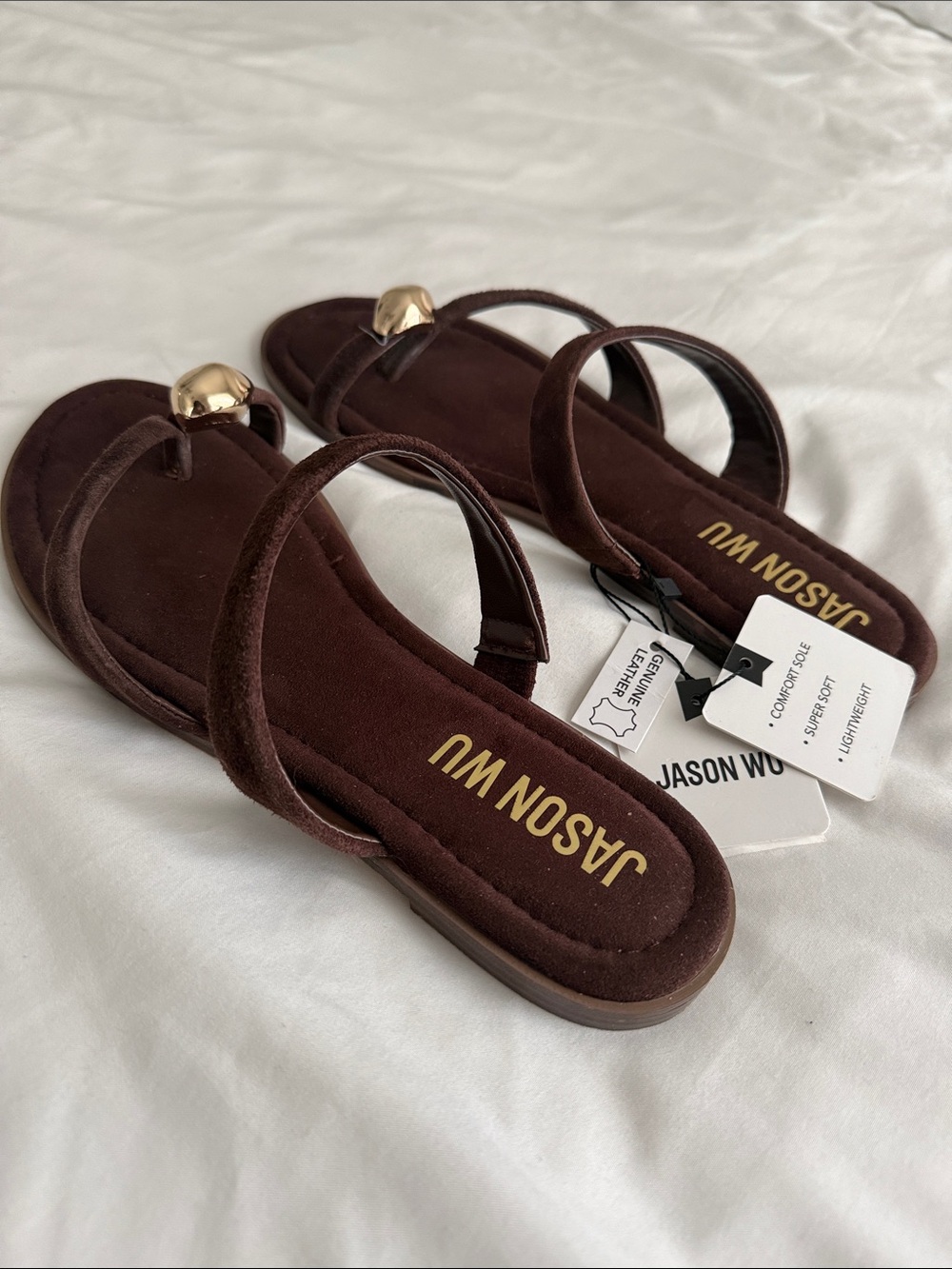 Jason Wu Brown Genuine Leather Suede Gold Toe Ring Flat Sandals Size 10 NWT - Picture 2 of 8